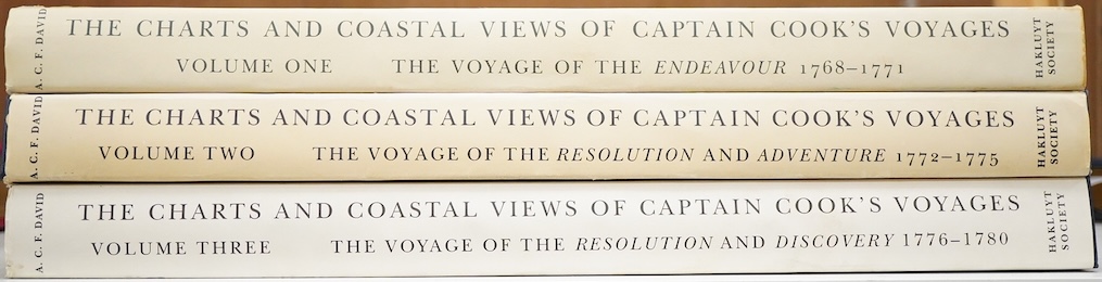 David, Andrew (editor) - The Charts & Coastal Views of Captain Cook's Voyages ... 3 vols. coloured portrait frontispieces and illus. throughout (some full page and coloured, vol. 3 with the folded chart)